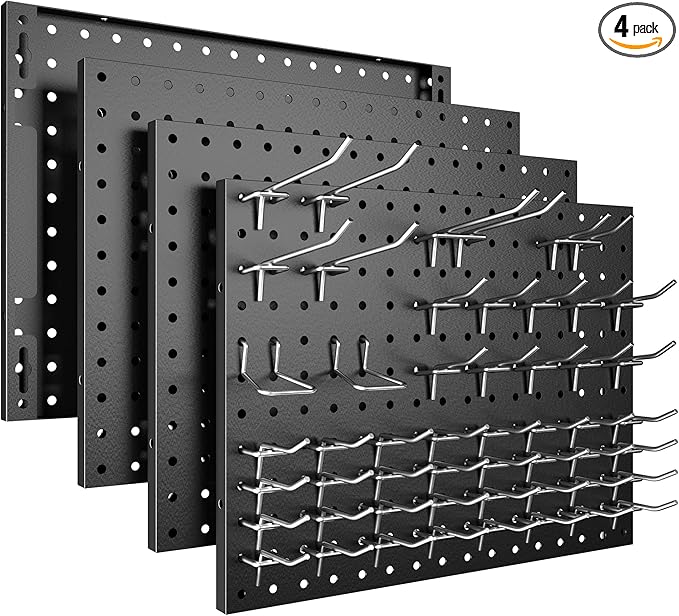 Peg Board, 4 Pack Metal Pegboard Panels with 50 Hooks, Black Pegboards Wall Organizer, Heavy Duty Peg Board for Walls Home, Garage Tool Storage, Office Organization, Craft Room, Kitchen