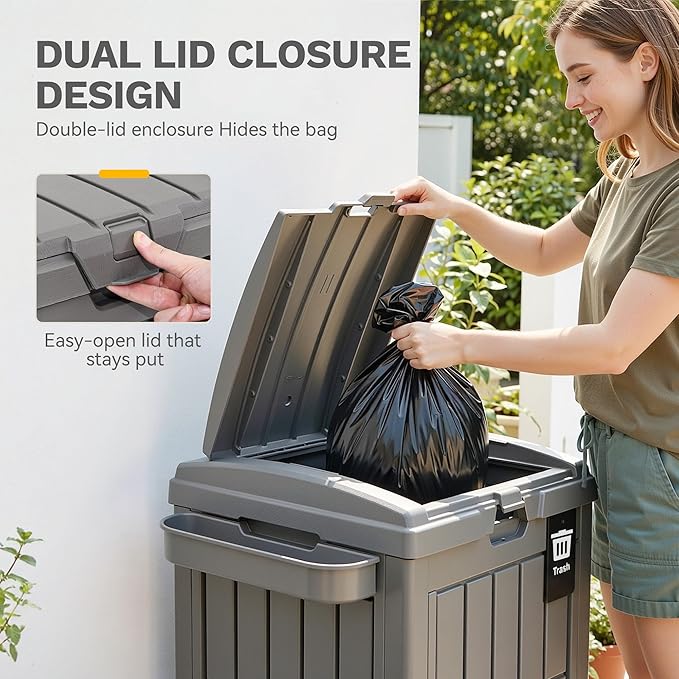 DWVO 38 Gallon Outdoor Trash Can, Resin Garbage Bin with Lid, Includes 2 Sorting Labels, Ash Holder, Stakes & Suction Cups, Hideaway Storage for Patio Backyard Garden, Light Brown