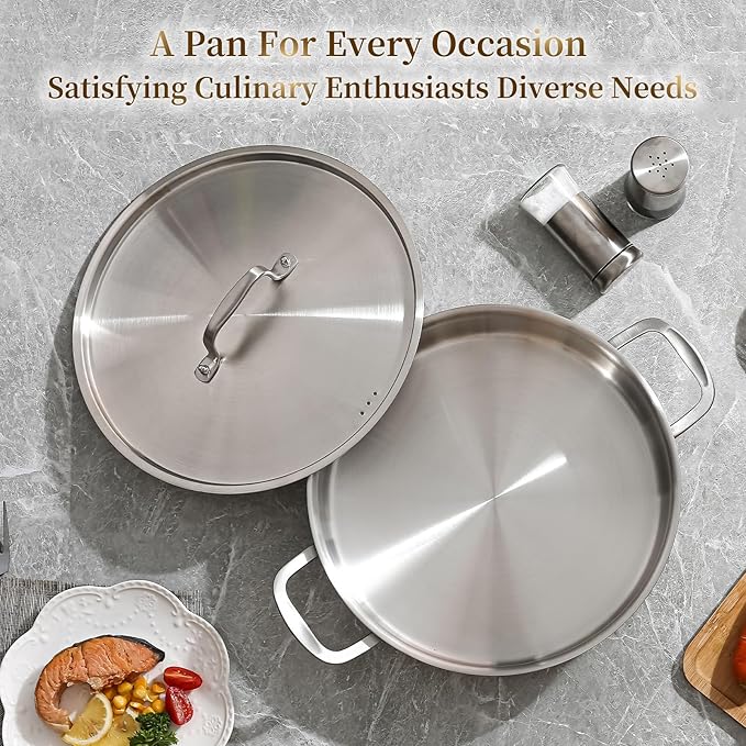 DELARLO Tri-Ply Stainless Steel 3.5 Quart Braiser Pan with Lid Induction Rondeau Pot With Lid 12inch Deep Frying Pan Large Saute Pan Heavy Duty Style Compatible With All Cooktops Up to 650℉
