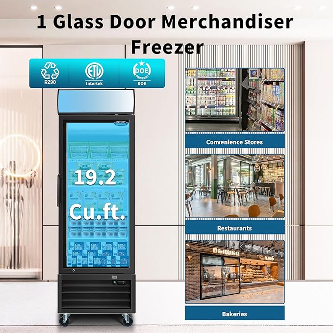 27" Commercial Upright Freezer with 1 Glass Door, 19 Cu.Ft Display Freezer, -8~-1℉, Reach-in Fan Cooling Freezer with 4 Shelves & LED Top Panel for Restaurant Diner Bar, ETL Approved