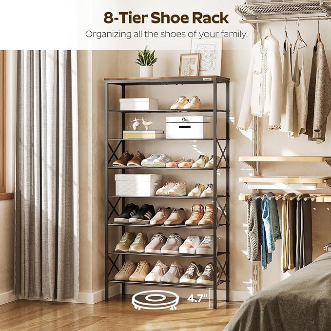 8 Tier Shoe Rack, Shoe Storage Organizer, Large Capacity Shoe Shelf Holds 32 Pairs of Shoes, Sturdy and Stable, for Entryway, Hallway, Closet, Dorm Room, Rustic Brown SS08BR