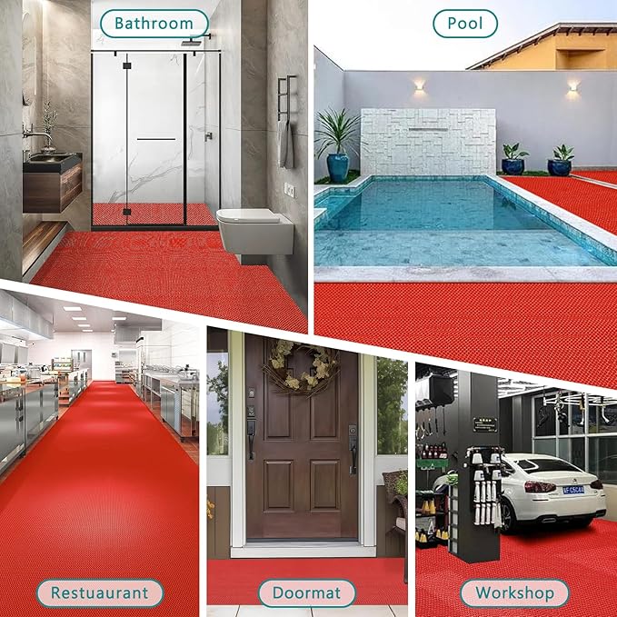 WochiTV Non Slip Drainage Mats PVC Pool Floor Mat 0.23'' Thick Outdoor Indoor Parking Space Mat for Bathroom Garage Basement Backyard Commercial Kitchen 3x3.3Ft Red