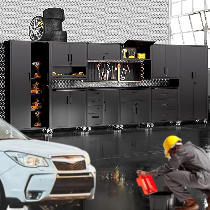 Metal Tool Cabinet,Garage Storage Cabinet System,Wall Cabinet & Locking Rolling Tool Cabinet with Doors and Adjustable Shelves,Steel Tool Cabinets for Home (10 Pcs-StyleA, Black)