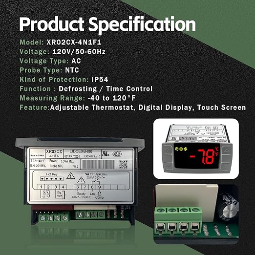 XR02CX-4N1F1 Temperature Control Refrigerator Digital Thermostat Controller for Dixell Commercial Refrigerators/Freezer 120V 50-60Hz with 2 NTC Probe for Refrigerators Freezers Heating Appliances