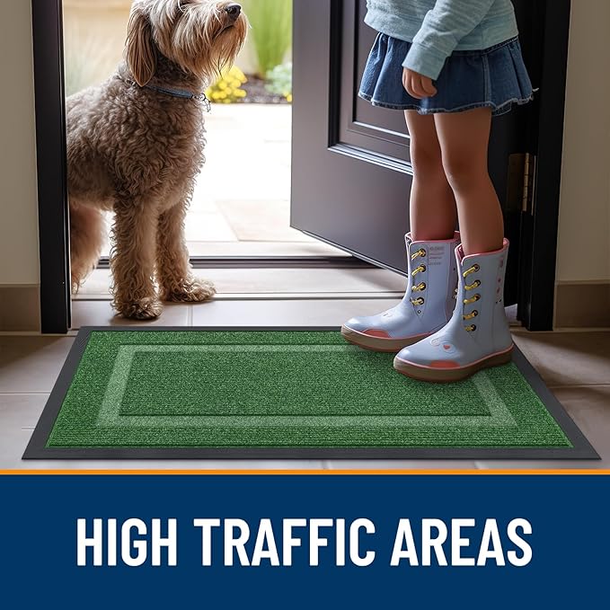 OLANLY Front Door Mat Indoor Outdoor Entrance, Waterproof All-Season, All-Weather Doormat, Sturdy Natural Rubber, Fade Resistant, Low Profile, Easy Clean Patio Porch Entryway Mat, 47x30, Green