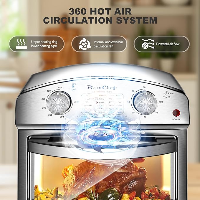 PlumChef 13 Quart 4 Slices Air Fryer Convection Toaster Oven, 1500W, Multifunction Oven with Reference Menus on Panel, Time and Temperature Controls(Stainless Steel)