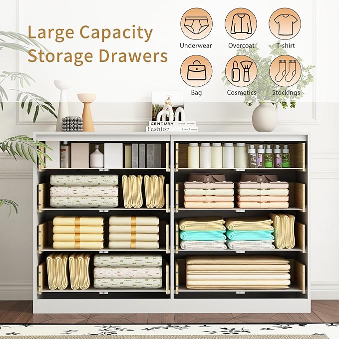 8 Drawer Dresser for Bedroom, Modern Fluted Double Dresser, 55" Wide Chest of Dressers, Wooden Beside Table for Closet, Living Room and Entryway, White