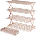BEWOS 4 Tier Collapsible Cooling Rack - Adjustable Stainless Steel Baking Rack with Mesh Leak Proof，Foldable X-Shaped Structure Cooling Racks for Cooking and Baking, Dishwasher Safe（ Rose Gold）
