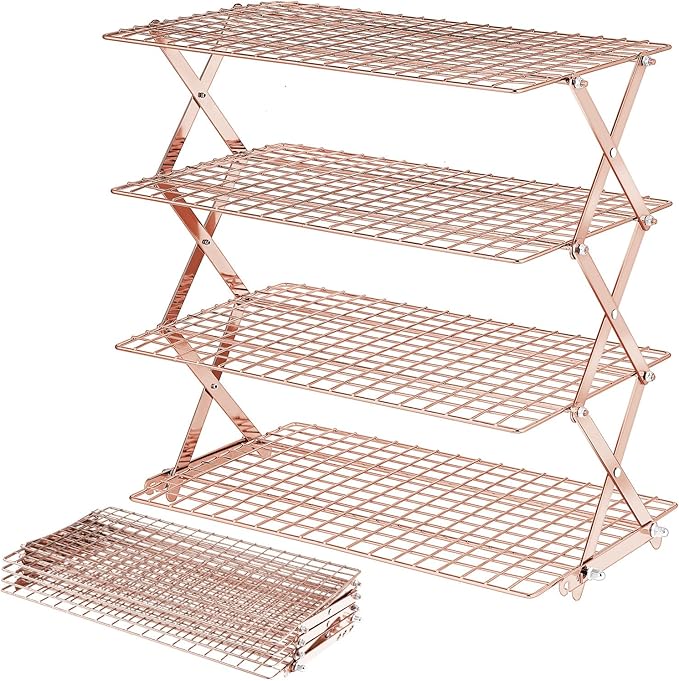 BEWOS 4 Tier Collapsible Cooling Rack - Adjustable Stainless Steel Baking Rack with Mesh Leak Proof，Foldable X-Shaped Structure Cooling Racks for Cooking and Baking, Dishwasher Safe（ Rose Gold）