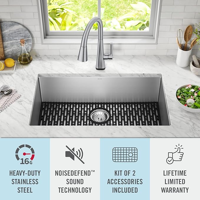 DELTA FAUCET Delta Lenta 32-inch Undermount 16 Gauge Stainless Steel Single Bowl Kitchen Sink with Accessories, 953034-32S-SS, Satin
