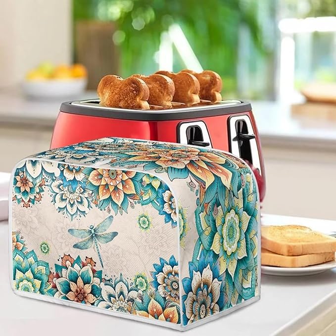 UNICEU Boho Floral Dragonfly 4 Slice Toasters Cover, Reusable Kitchen Accessories Dust-proof Toasters Cover