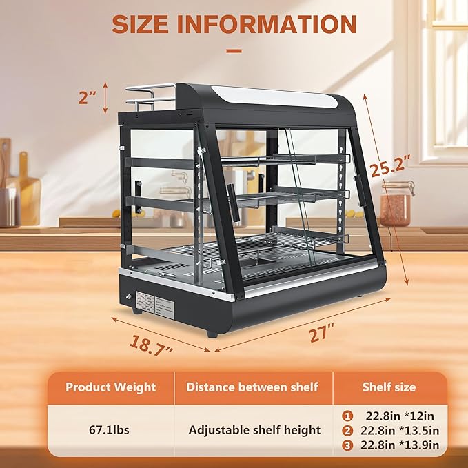 27 inch Countertop Food Warmer Display Case, 3-Tier Commercial Food Warmers with Top Rack for Milk/Bottles for Pizza/Pretzel, 3-Color Lighting, w/Thermometer for Cafeteria Kitchen Restaurant