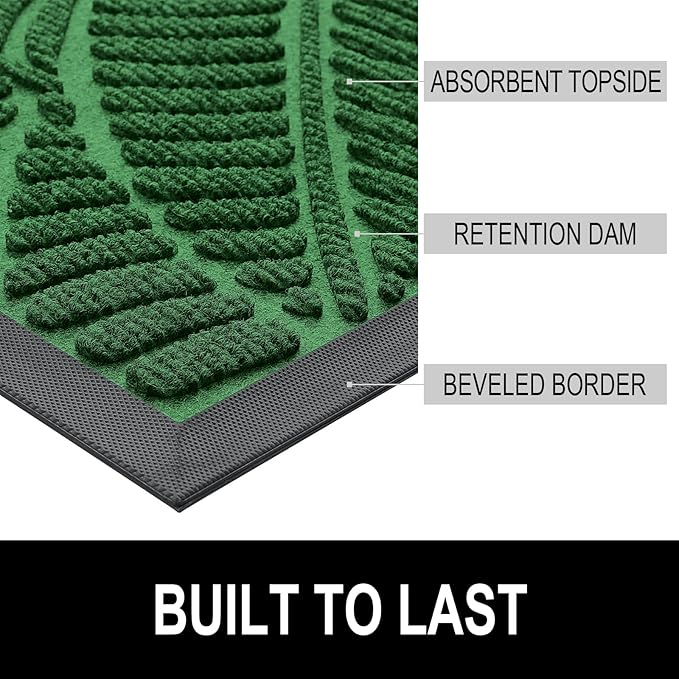 Colorxy Waterproof Doormat, Sturdy Natural Rubber Front Indoor Mat, Non Slip Low Profile Indoor Outdoor Door Mats, Stain and Fade Resistant Floor Mat, Easy Clean Patio Entrance Mat, 48''x32'', Green