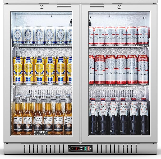 BODEGA BODEGACOOLER Back Bar Cooler With 2 Glass Doors,7.4 Cu.Ft Stainless Steel Commercial Back Bar Fridgewith LED Lighting,Counter Height Bar Beverage Cooler for Beer,Soda Drinks,Wine