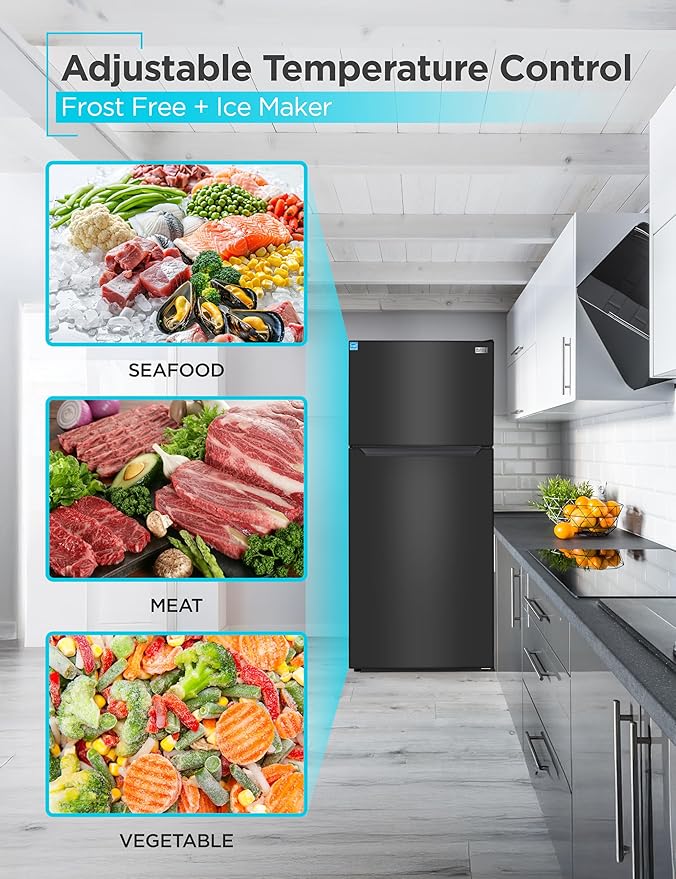 BLACK+DECKER 18.1 Cu. Ft. Top Mount Refrigerator with Ice Maker, 2-Door Refrigerator with Top Freezer, Freezer with Icemaker and Adjustable Temperature Control, ENERGY STAR, BR1810HIMB, Black