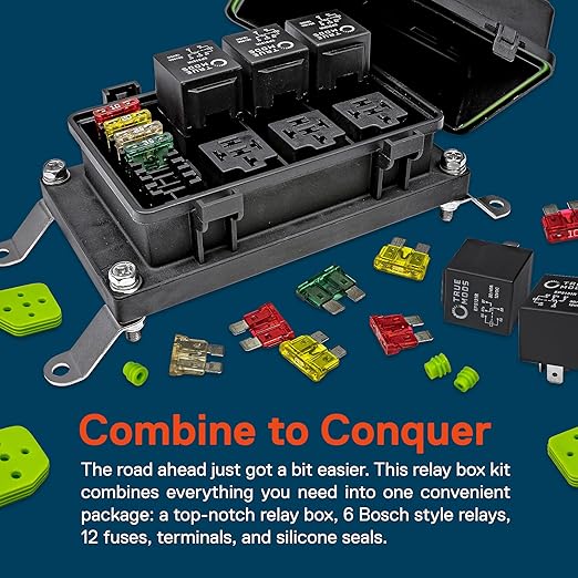 True Mods 12V DC Auto Waterproof Fuse 5-Pin Relay Box Block [6 ATC/ATO Fusible Holder] 6 Bosch Style Universal Relay Block Holder for Automotive Vehicles Cars Marine Boat Offroad Jeep Light Equipment