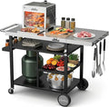BIG HORN OUTDOORS Grill Cart, Stainless Steel Outdoor Grill Table for Infrared Grill, Pizza Oven Stand Compatible with Big Horn, Ninja, Ooni Pizza Ovens, Outdoor Cooking Table with Wheels & Storage