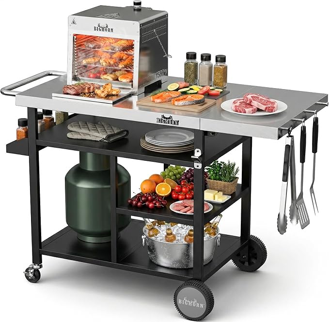 BIG HORN OUTDOORS Grill Cart, Stainless Steel Outdoor Grill Table for Infrared Grill, Pizza Oven Stand Compatible with Big Horn, Ninja, Ooni Pizza Ovens, Outdoor Cooking Table with Wheels & Storage