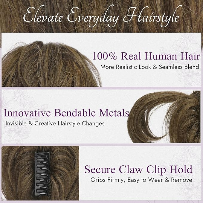 BARSDAR Claw Clip Short Human Hair Ponytail Extension with Bendable Metals - DIY Styles 8 Inch Real Human Hair Brown Mix Messy Bun Hairpieces for Women - Thick Natural Short Ponytail Daily