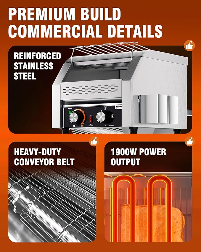 PYY Commercial Conveyor Toaster - 300 Slices/Hour Restaurant Conveyor Toaster for Bun Bagel Bread, Heavy Duty Stainless Steel 1900W, 110V