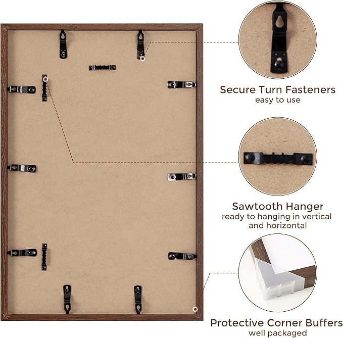 Fun Memories Solid Oak Wood Picture Frame 12"x18" for Wall - Tempered Real Glass, Matted to 8.5x11, Poster Frame (Walnut Color, 1 Pack)