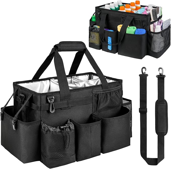 Cleaning Caddy Bag, Extra Large Cleaning Supplies Organizer for Housekeepers, Housekeeping Caddy with Handle and Detachable Padded Cushion, Black