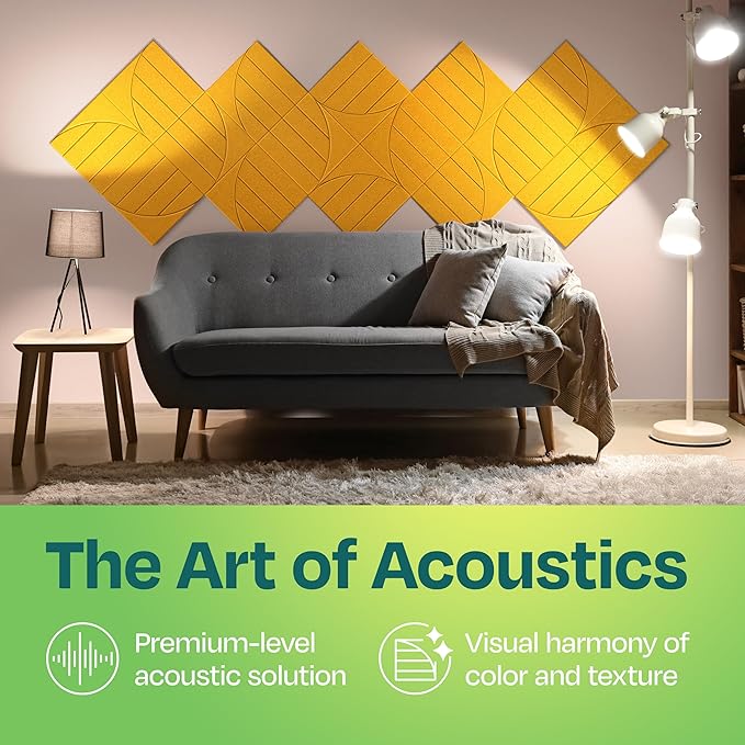 Acoustic Panels 12-Pack Soundproof Wall Panels 12"x12"x0.4" Decorative Sound Dampening for Your Home, Office, Studio, Bedroom & More with Unique ModuArc Carving [Yellow Orange Gold]