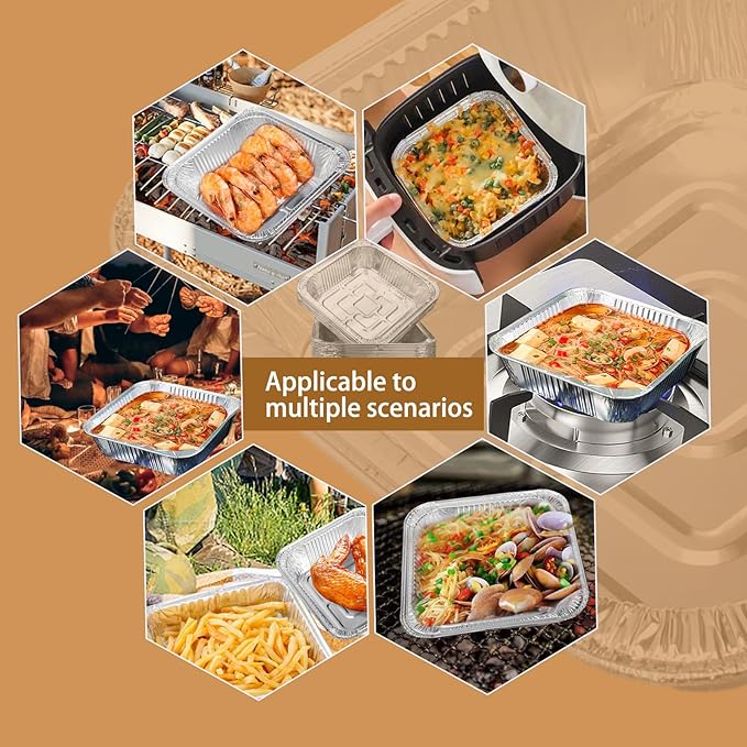 Non-Stick Disposable Air Fryer Aluminum Foil Liners Square 50PCS, Oil-Proof Aluminum Foil Tin Box Also for Steamer Basket Instant Pot Oven & Grill (8 * 8 Inch-Square)