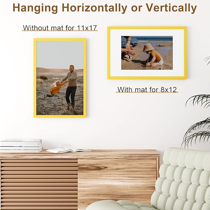 Vittanly 11x17 Picture Frame, Solid Wood Frame with Plexiglass, Includes 8x12 Mat, Wall Hanging for Photos, Home Decor, Yellow, 1 Pack