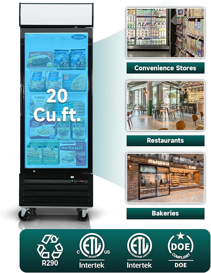 27" Commercial Display Freezer with 1 Glass Door - 20 Cu.ft Capacity, Digital Temperature Control, Auto Defrost, Freezer Top Sign, LED Lighting, Energy Efficient for Store & Supermarket