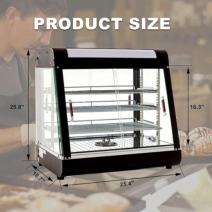 27 inch Food Display Warmer Case,3-Tier Countertop Food Warmer Display, Glass Showcase, with Removable Shelves,LED Lighting Pastry for Catering Pizza Buffet Restaurant
