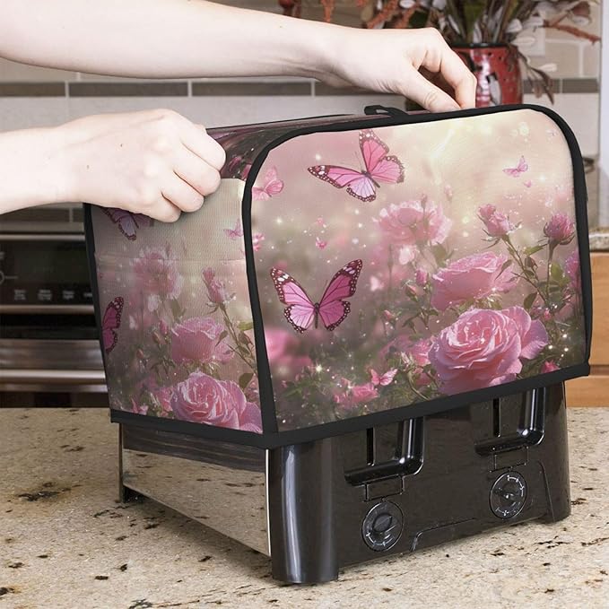 2 Slice Toaster Cover for Kitchen Spring Butterfly Rose Garden Waterproof and Dustproof Toaster Dust Cover with Side Pockets Decorative Universal Cover for Wide Slot Toasters and Small Appliances