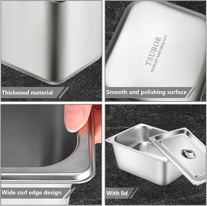 6 Set Stainless Steel Hotel Pans Full Size 6 Inch Deep With Lids, Anti-Jam Chafing Steam Table Pans, Catering Food Storage Metal Pan