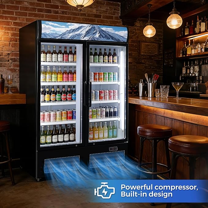 36 Cu Ft Commercial Beverage Refrigerator with 2 Glass Doors - Upright Drink Cooler Merchandiser with LED Light Display, 8 Adjustable Shelves, Black, ETL Approved for Business & Retail