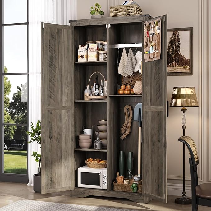 Tall Storage Cabinet with Adjustable Shelves, Farmhouse Pantry Organize with 2 Barn Doors, Large Freestanding Cabinet for Kitchen, Garage, Basement, Living, Utility Room, Grey