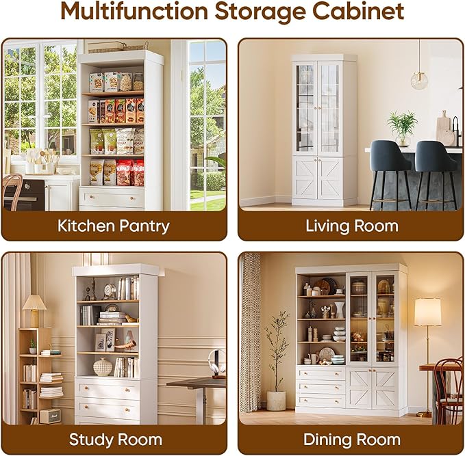 Vyre 71" Tall Farmhouse Kitchen Pantry, Large Storage Cabinets with Glass Doors, Freestanding Wood Hutch Cabinet with 3 Drawers, Adjustable Shelves for Living Room, Dining Room, Set of 4