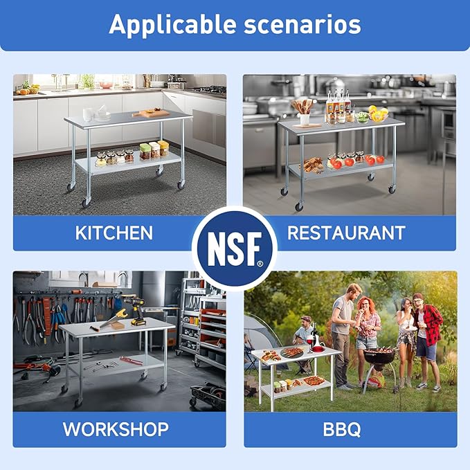 ROCKPOINT Stainless Steel Table for Prep & Work 24x30 Inches, NSF Metal Commercial Kitchen Heavy Duty Table with Adjustable Under Shelf and Table Foot for Restaurant, Home and Hotel