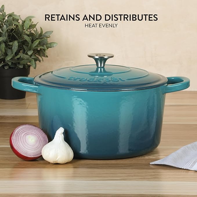Crock Pot Artisan 6-Quart Round European Enameled Cast Iron Dutch Oven Pot With Lid -Teal Ombre