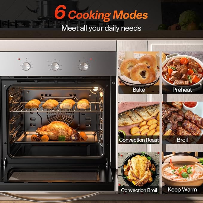 Empava 24 inch Electric Single Wall Oven with 6 Cooking Modes, Convection Fan, Mechanical Knob Control, 2.3 Cu.ft. Capacity, 2800W