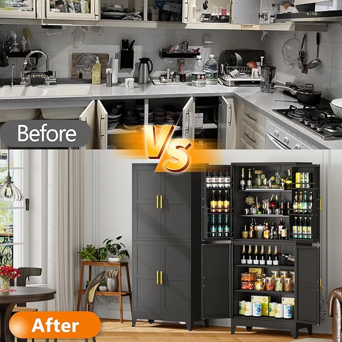 74.8" Tall Metal Food Cabinet, Black Kitchen Pantry Cabinet, Storage Cabinets with 4 Door and 4 Adjustable Shelves, Steel Freestanding Cupboard for Kitchen Dining Room Living Room Bathroom