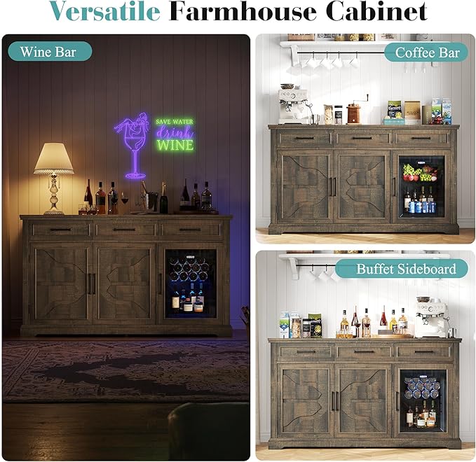 60" Farmhouse Coffee Bar Cabinet with Beverage Fridge (Included), Wine Bar Cabinet with Drawer Storage, Mini Fridge Cabinet, Sideboard Cabinet for Dining Room, Living Room-Brown