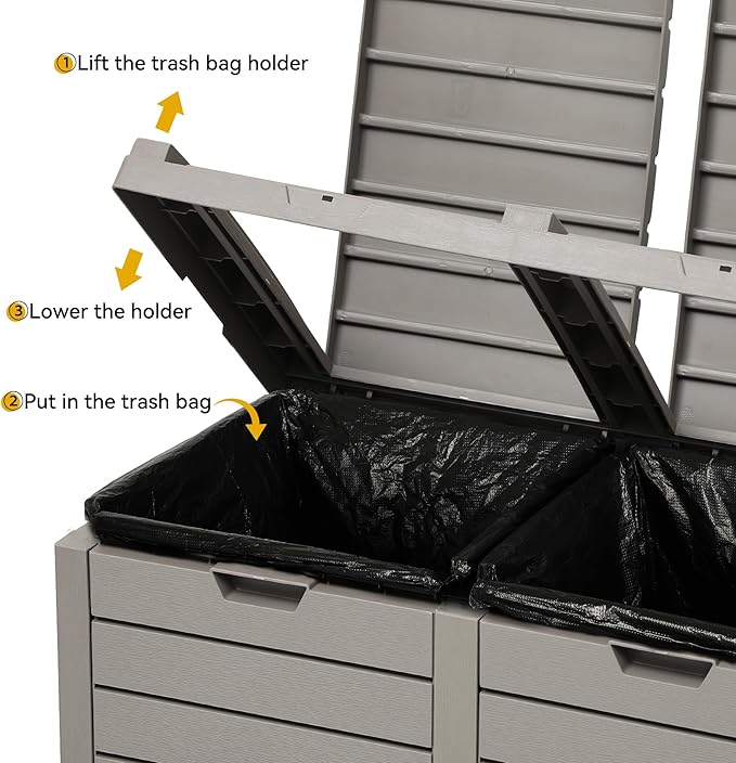 DWVO 76 Gallon Outdoor Resin Trash Can with Dual Lid and Drip Trays, 248 Quart Hideaway Garbage Bin for Porch, Backyard, Deck, Patio, Poolside, Easy Maintenance, 30.7''L x 16.3''W x 33.9''H (Taupe)