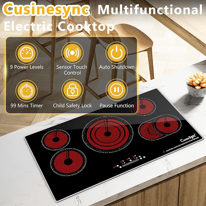 36 Inch Built-In Radiant Electric Cooktop, 5 Burner Smoothtop Stove Top with Triple Expandable Zone, 9200W 240V Hardwired Touch Control, 9 Power Levels, Timer, Child Lock & Hot Surface Indicator