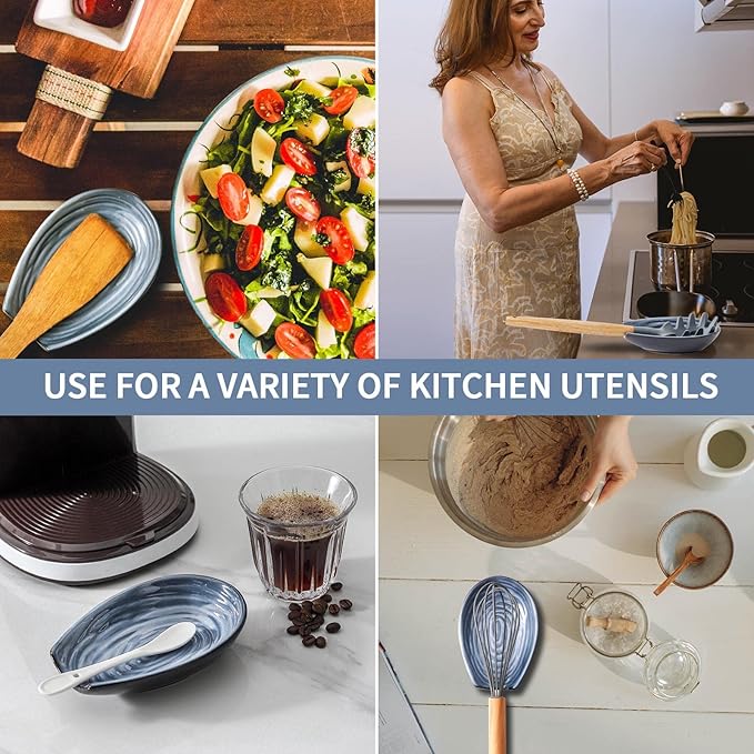 Hasense Spoon Rest for Stove Top and Kitchen Countertop, Large Heat-resistant Spoon Holder for Spatula Ladles Tongs, Farmhouse Cooking Spoon Holder for Home Kitchen Decor, Grey and Blue, 1 PC