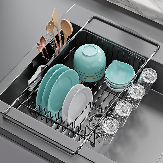 Dish Drying Rack in Sink: Expandable, 3-Slot Utensil Holder, Anti-Slip Handle. Small Dish Rack: Ideal for Small Households. Kitchen Drying Rack: Black