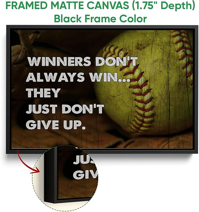 Softball Poster & Framed Canvas, Inspirational Sports - Never Give Up - Motivational Quotes Home Office Decor, Bedroom Living Room Aesthetic Wall Art Gift For Daughter, Girl