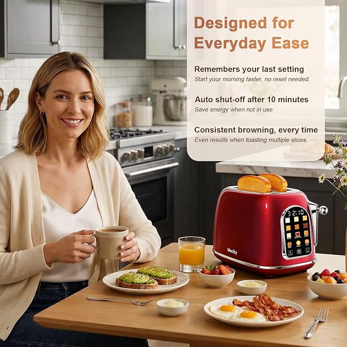 Mecity Toaster 2 Slice, Touch Screen Wide Slot Retro Toaster For Breads Bagel Muffin Waffle, House Warming Gift New Home, 120V 825W, Red Pearl