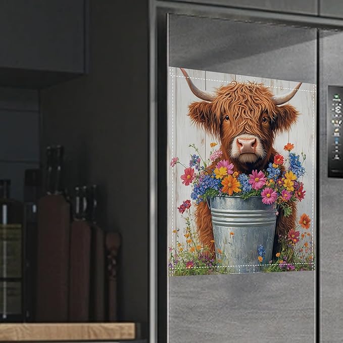Magnetic Dishwasher Cover,Highland Cow Reusable Dishwasher Magnetic Cover Butterfly Flowers Decorative Door Covers Panel for Home Kitcen 23" x 26"