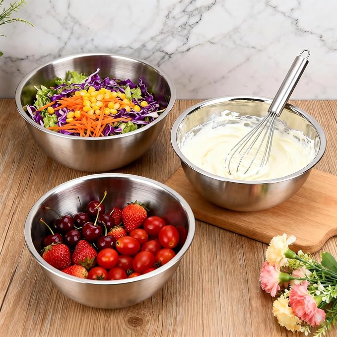 3-Piece Stainless Steel Mixing Bowls (6.3") Metal Bowl Set with Measurement Marks, Dishwasher Safe & Stackable - Perfect for Baking, Salad Making, Meal Prep