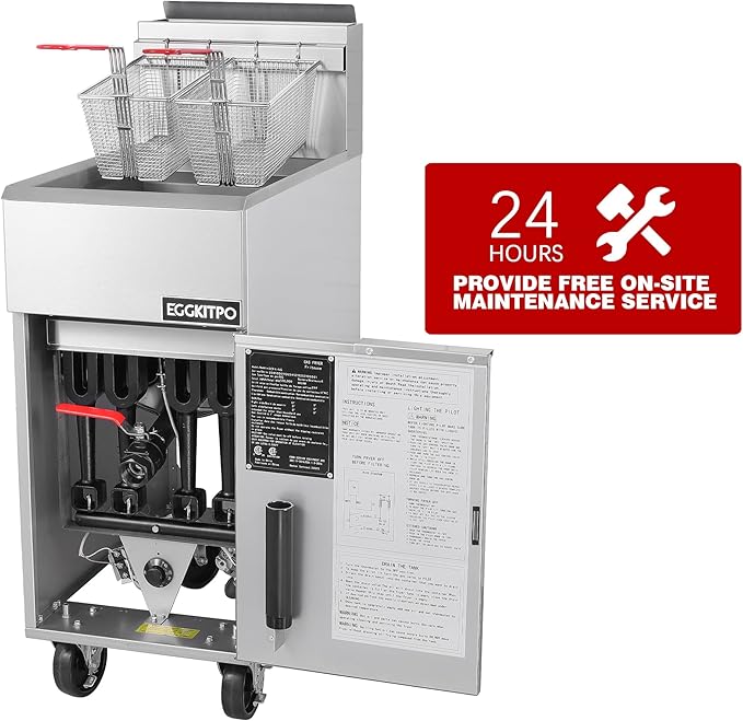 EGGKITPO 50lb. Commercial Gas Deep Fryer 4 Tubes Liquid Propane Gas Fryer CSA Certified Adjustable Thermostat 200℉-400℉ Floor Standing Fryer with 2 Baskets for Restaurant and Kitchen 120,000 BTU/h
